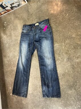 MEK Denim Jeans Men’s Distressed Medium Wash Embroidered Pocket Denim 17x30